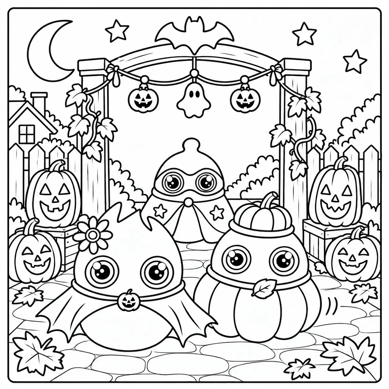 Leena, Purka and Snypie in costumes on a garden path lined with smiling pumpkins