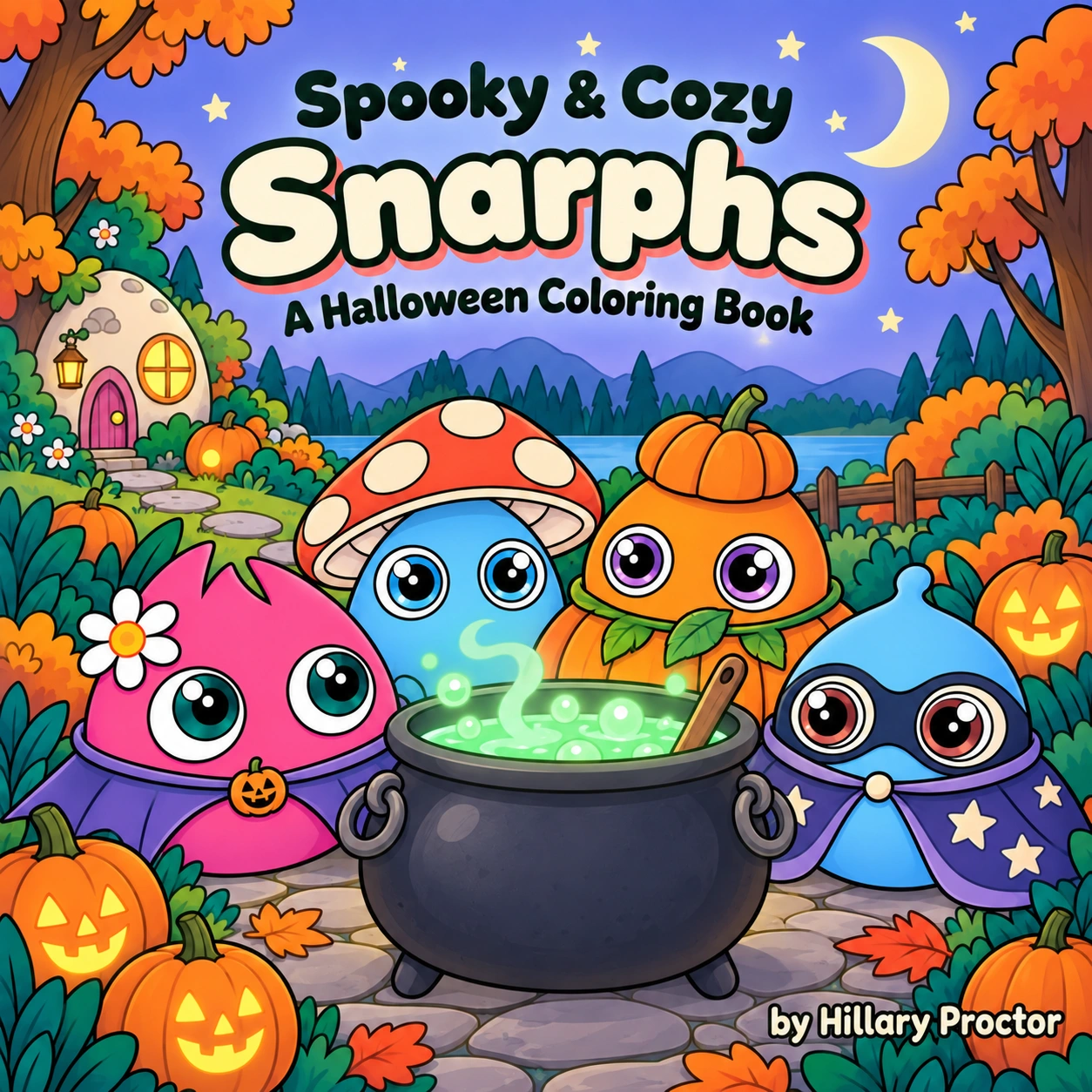 Halloween coloring book cover with Leena and her friends in costumes around a glowing cauldron, beneath a moonlit autumn sky