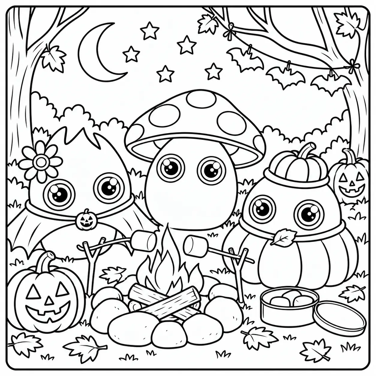Leena and her friends wear Halloween costumes and roast marshmallows around a campfire
