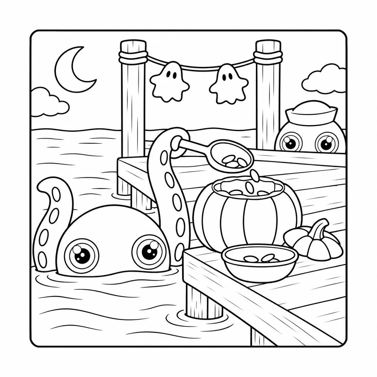 Octy scoops seeds from a pumpkin while a sailor Snarph peeks over the dock