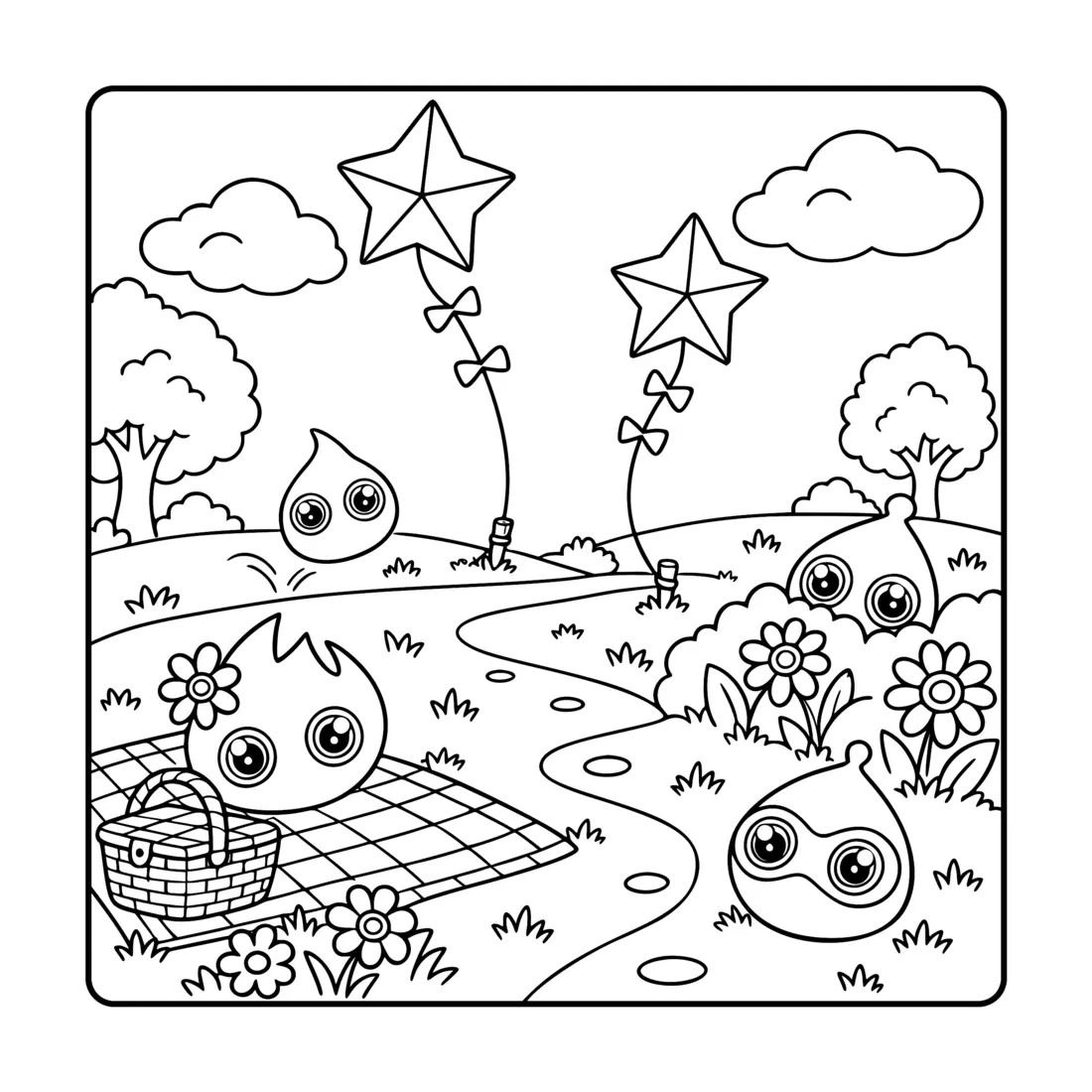 The Snarphs flying kites in a meadow