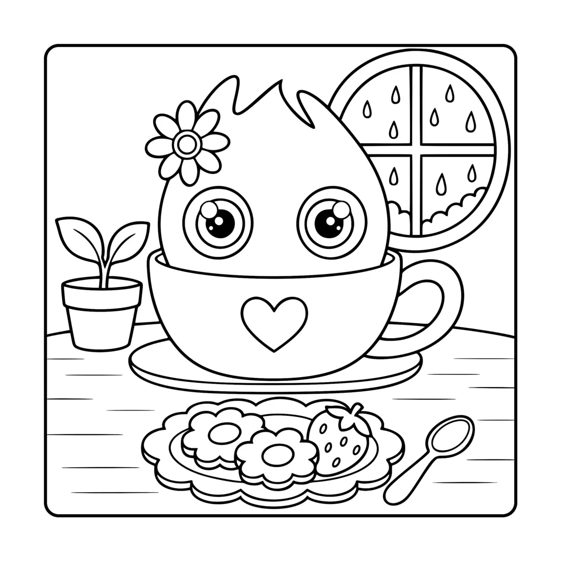 Leena sitting in a flowered teacup with tiny treats